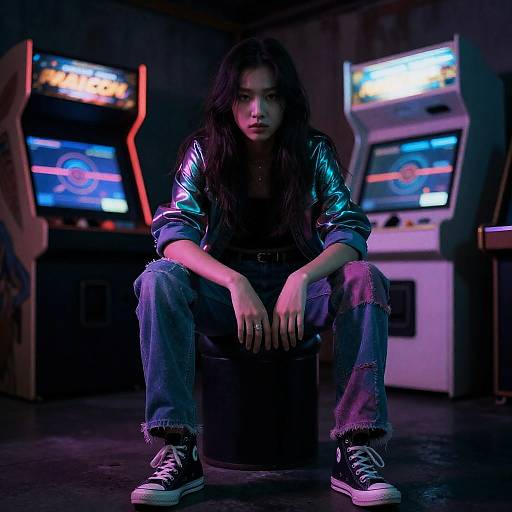 Mysterious Wanderer in Neon Arcade Ruins