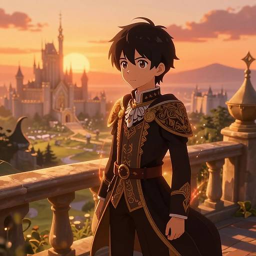 Anime-style drawing of a young man with black hair and brown eyes, wearing an ornate black and gold medieval-style outfit, standing on a balcony at