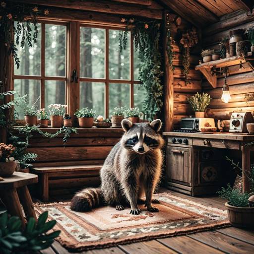 Raccoon in Rustic Woodland Cabin