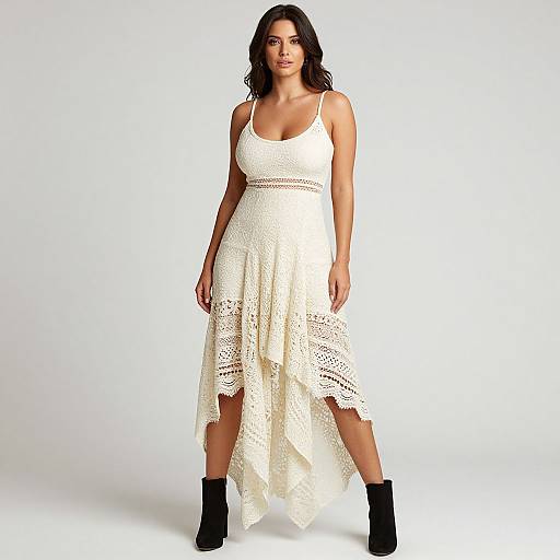 Photograph of a confident woman with wavy dark hair, wearing a white, lace, asymmetrical dress and black ankle boots, standing against a plain