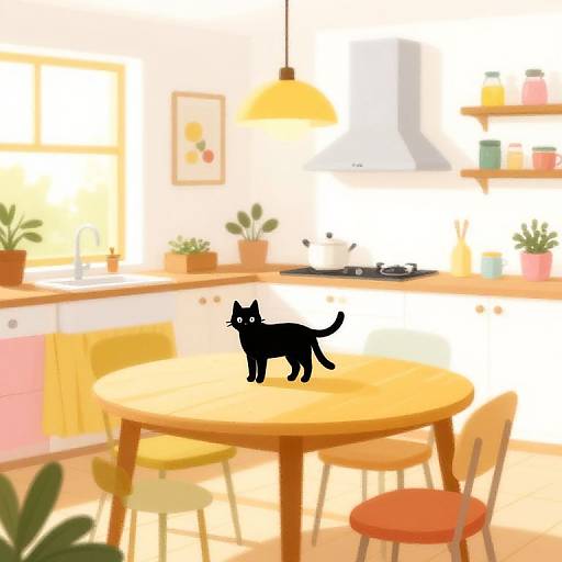 Bright, cartoon-style kitchen with a black cat silhouette on a wooden table, colorful chairs, potted plants, and yellow pendant light.
