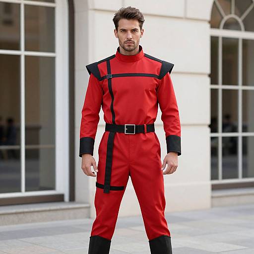 Photograph of a handsome man with short dark hair, wearing a bright red military-style uniform with black straps and belt, standing confidently in front of a