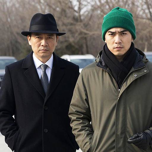 Two Serious Men Outdoors in Winter Clothing