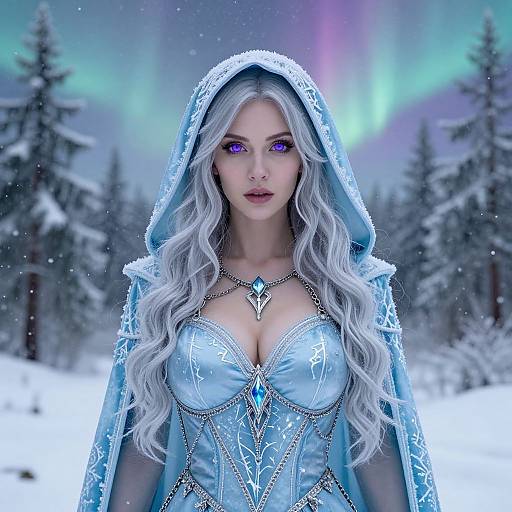 Digital artwork of a beautiful, fair-skinned woman with long silver hair, wearing a blue ice-themed hooded gown with a low-cut neckline, standing