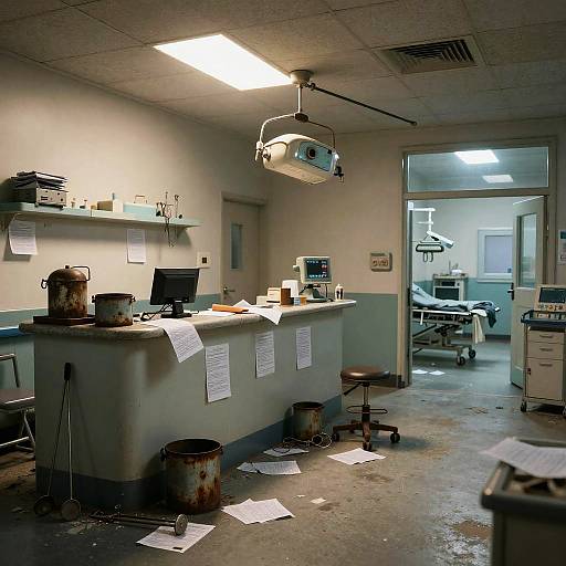 Photograph of a cluttered, dimly lit hospital office with a desk, scattered papers, a metal bucket, and medical equipment visible through an open