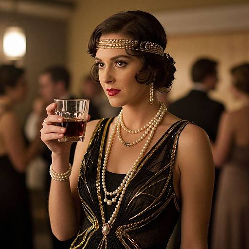 Vintage photograph of a stylish woman with dark, wavy bob, pearl headband, necklace, and black dress, holding a glass of whiskey, in