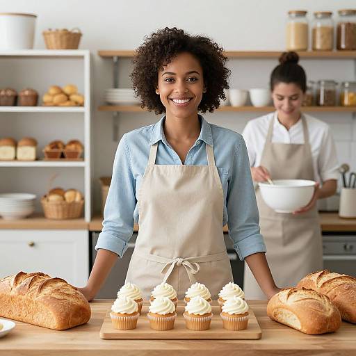 Photograph of a smiling African-American woman with curly hair, wearing a light blue shirt and beige apron, standing in a bakery, with two lo