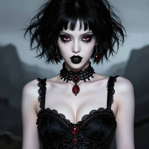 Digital gothic portrait of a pale woman with black hair, red eyes, black lipstick, lace corset, red gem choker, and earrings,