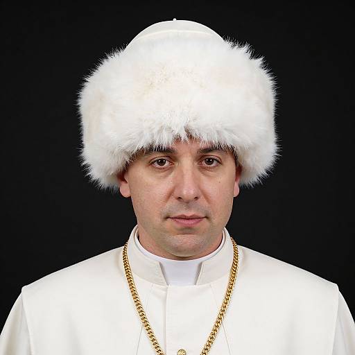 Photograph of a middle-aged man with fair skin, wearing a white fur hat and white robe, gold chain, black background.