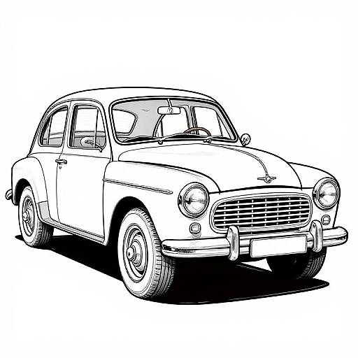 Black-and-white line drawing of a vintage, classic car with rounded headlights and a chrome grille, viewed from a front-left angle.