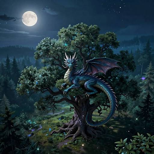 Digital artwork of a blue, moonlit dragon with glowing scales perched on a glowing tree under a full moon in a mystical forest.