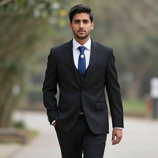 Photograph of a handsome Indian man with dark hair, beard, wearing a black suit, white shirt, and blue tie, walking outdoors on a blurred