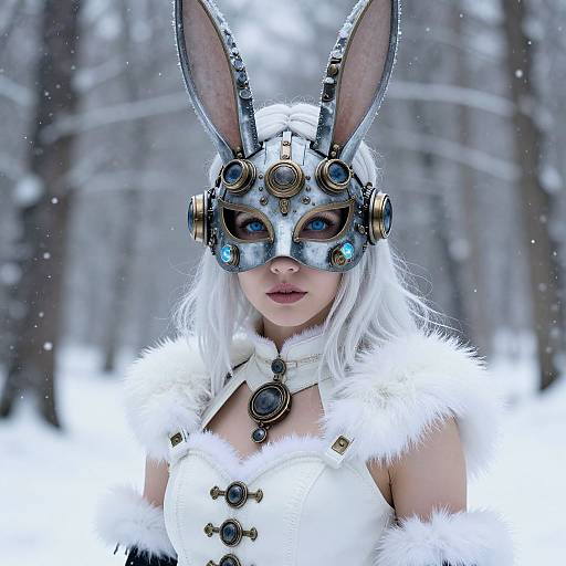 Photograph of a pale-skinned woman in white fur costume, blue-eyed, wearing a metallic bunny mask with gears, in a snowy forest.