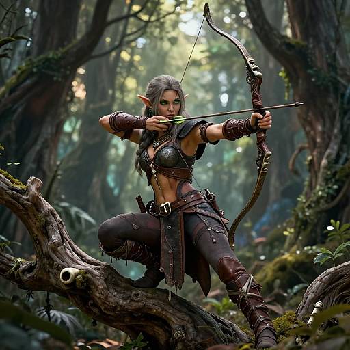 Digital fantasy art: Elven archer with gray hair, pointed ears, leather armor, and bow, crouches on a mossy forest branch