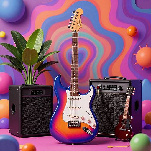 Photograph of a vibrant, psychedelic background with colorful waves. Central electric guitar with blue-orange gradient, flanked by black amplifiers, and a smaller