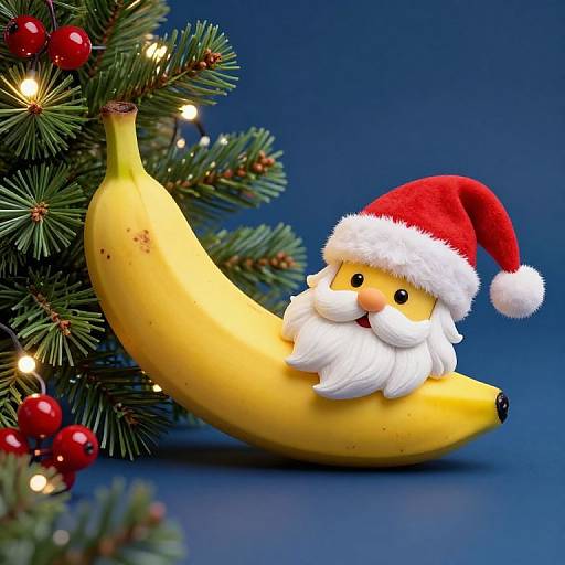 Photograph of a cartoon Santa Claus with a white beard and red hat, lying on a curved yellow banana, next to a Christmas tree with lights and