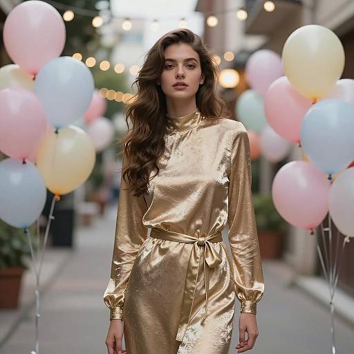 Young Woman in Metallic Gold Dress by Balloons