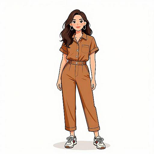 Digital illustration of a smiling woman with long brown hair, wearing an orange button-up jumpsuit, white sneakers, and hoop earrings, standing against a white