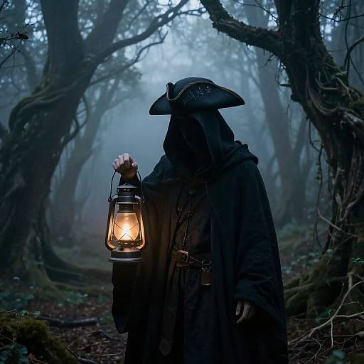 Mysterious figure in dark cloak and tricorn hat holds glowing lantern in eerie, foggy forest; photograph.