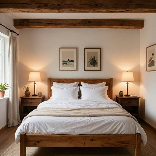 Cozy rustic bedroom photograph: wooden bed with white pillows and blanket, two framed art pieces above, wooden nightstands with lamps, potted plant,