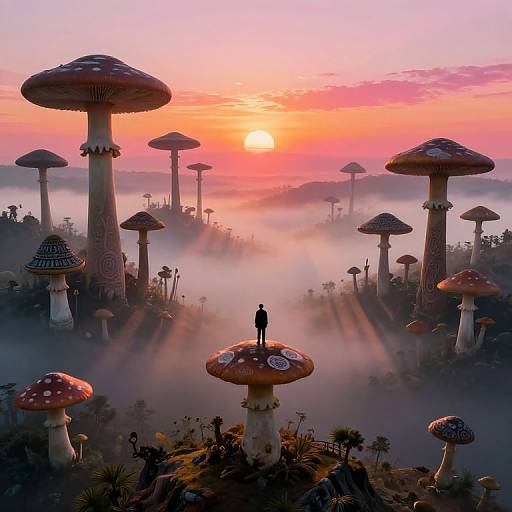 Digital artwork of a silhouetted figure standing on a giant mushroom at sunrise, surrounded by misty, towering mushrooms in a surreal forest landscape with