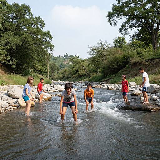 Photograph of six children wading in a shallow, rocky stream surrounded by lush green trees and clear blue sky. Bright sunlight enhances the vibrant colors and