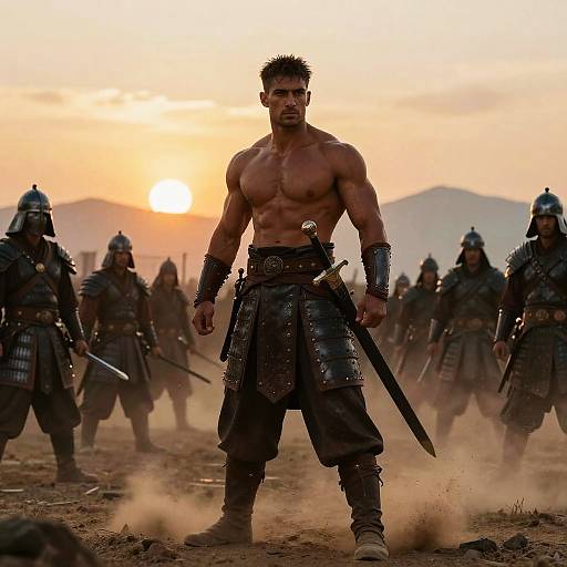 Photograph of a muscular, shirtless warrior with dark hair and brown pants, standing confidently in front of a sunset, surrounded by helmeted soldiers with
