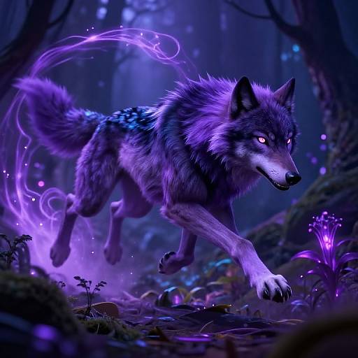 Digital artwork of a glowing, purple-hued wolf with ethereal energy swirls, mid-leap through a mystical, blue-lit forest with lum