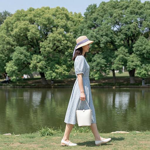 Photograph of a young Asian woman in a blue patterned dress, white hat, and white shoes, walking by a calm lake with lush green trees