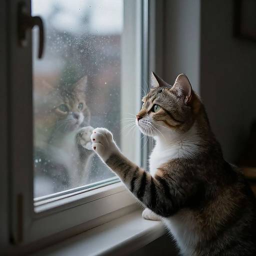Photograph of a tabby cat with green eyes, standing on a windowsill, paw raised to touch foggy glass, looking outside. Reflection of