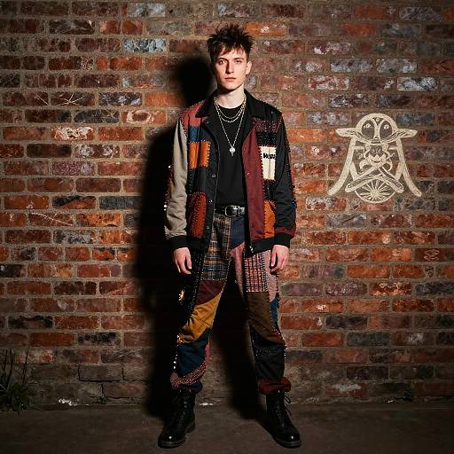Photograph of a young man with spiky hair, wearing a patchwork jacket and pants, standing against a graffiti-covered brick wall.