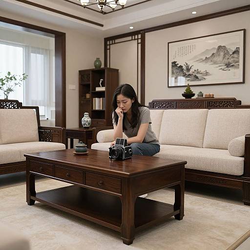 Photograph of an Asian woman with long black hair, wearing a gray t-shirt and blue jeans, sitting on a beige sofa, resting chin on hand