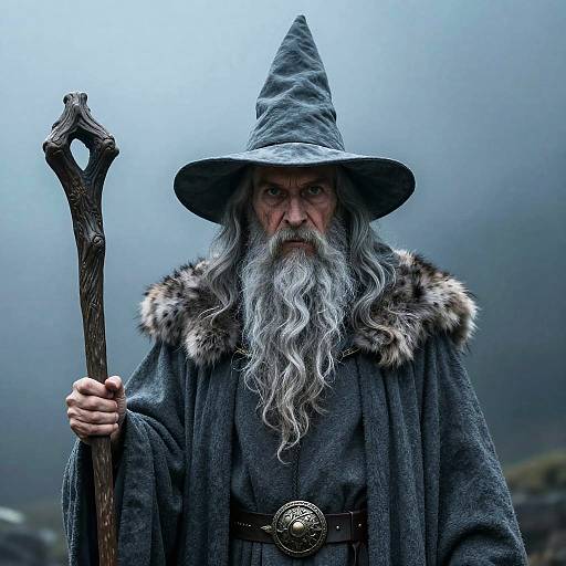 Photograph of an old wizard with a long white beard, wearing a gray pointed hat, fur-trimmed cloak, and holding a gnarled