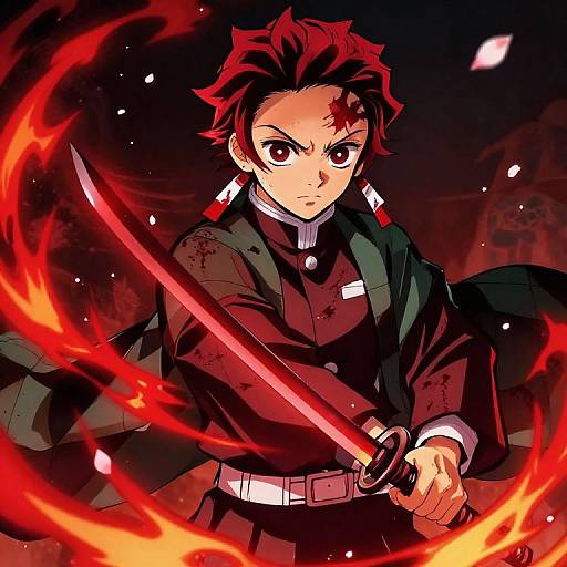 Digital anime drawing of a determined, red-haired boy with a scar, wielding a glowing red sword, surrounded by fiery energy. Dark, intense background.