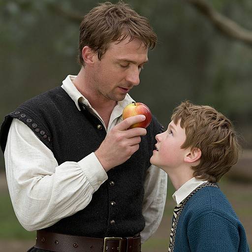 Photograph of a tall, brown-haired man in a white shirt and black vest holding an apple, looking down at a young boy with short brown hair