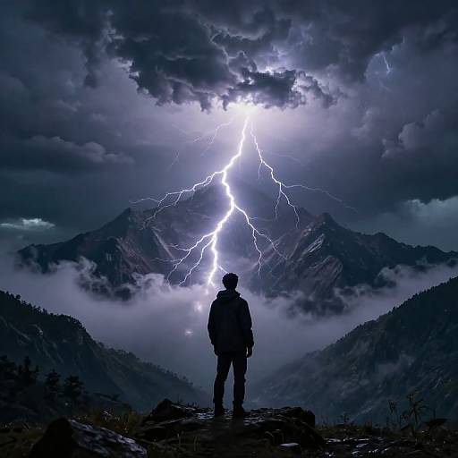 Silhouetted figure stands on rocky mountain peak, facing dramatic lightning bolt illuminating dark stormy sky and misty mountain range. Digital art.