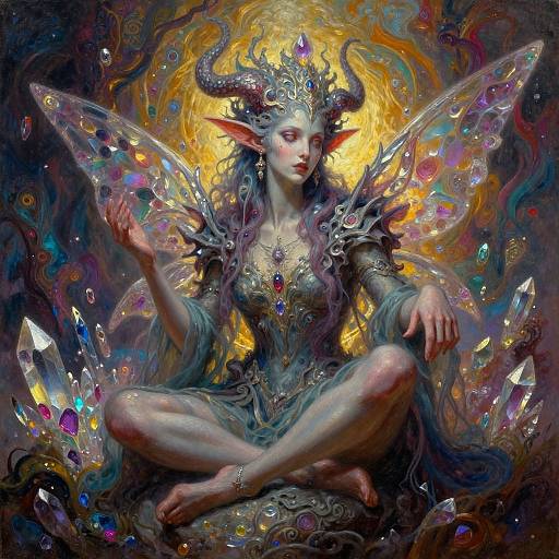 Digital fantasy artwork of a serene, elf-like female with glowing horns, colorful crystal wings, and ornate jewelry, sitting cross-legged against a swirling,