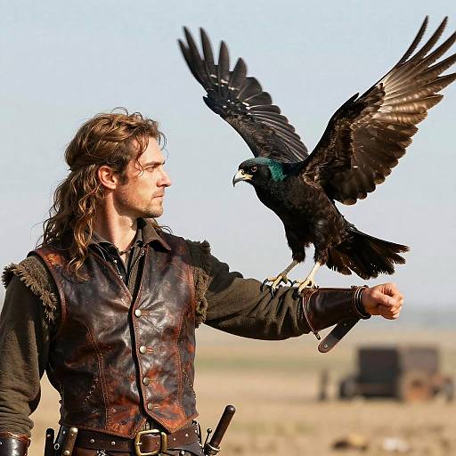 Photograph of a long-haired man in medieval-style leather vest, extending arm to a black crow with greenish eyes, against a blurred desert background.
