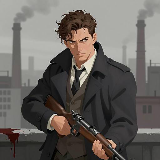 Determined Man in Industrial Cityscape