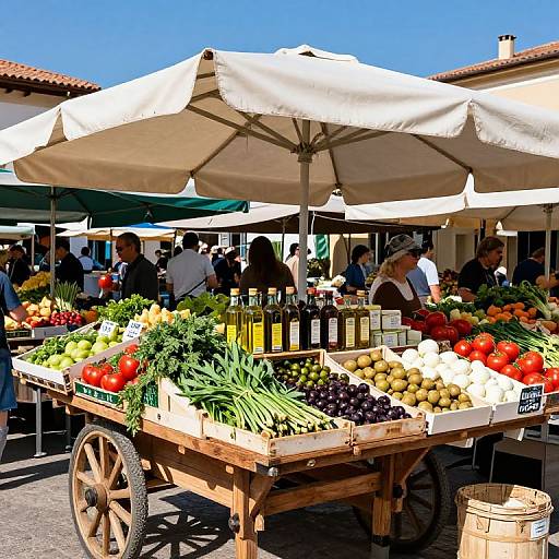 Vibrant outdoor market stall under a white umbrella, displaying colorful fresh vegetables, fruits, and olive oils, with bustling shoppers in background.