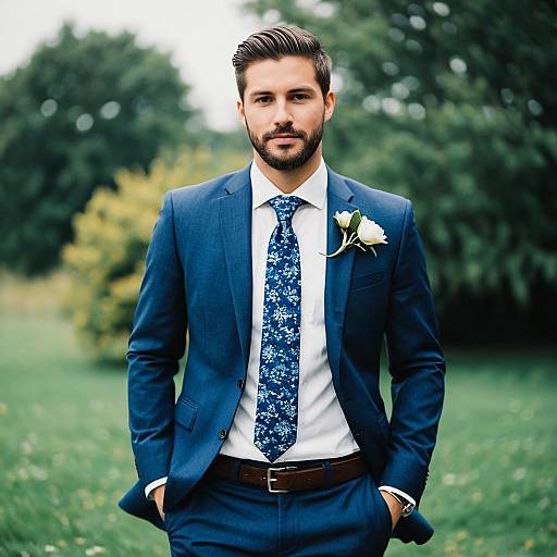 Handsome Groom in Blue Suit Outdoors
