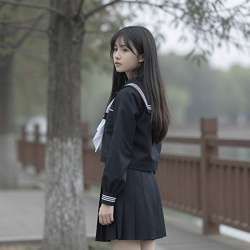 Asian Woman in Sailor Uniform by Tree