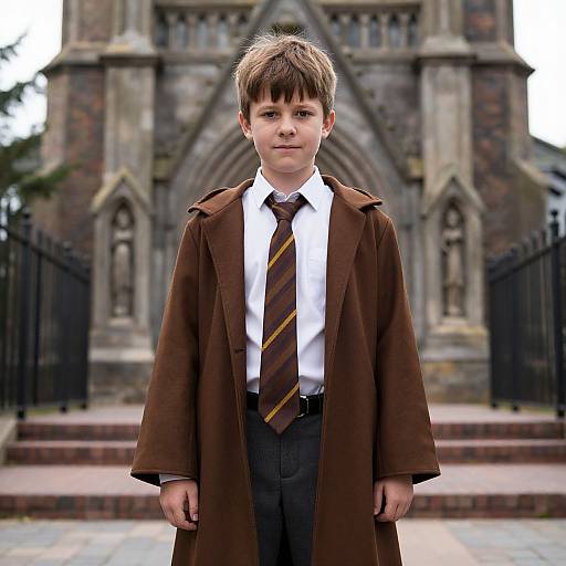 Photograph of a young boy with brown hair wearing a brown coat, white shirt, and striped tie, standing in front of a Gothic-style church.