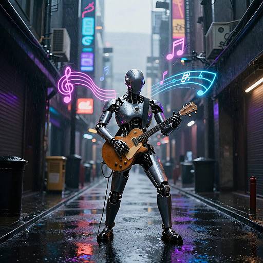 Hyperrealistic Cyborg Musician in Neon Alley