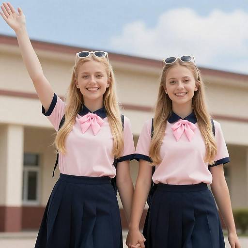 Cheerful Sisters in School Uniforms