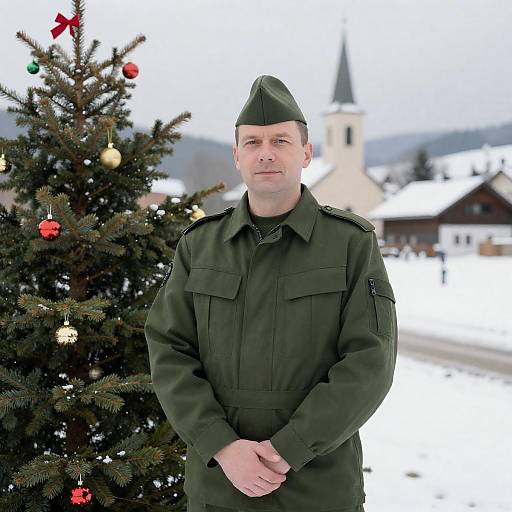 Military Man Celebrating Christmas in Snow