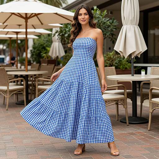 Photograph of a smiling woman with wavy brown hair, wearing a strapless blue gingham dress and brown heels, standing outdoors on a brick-p
