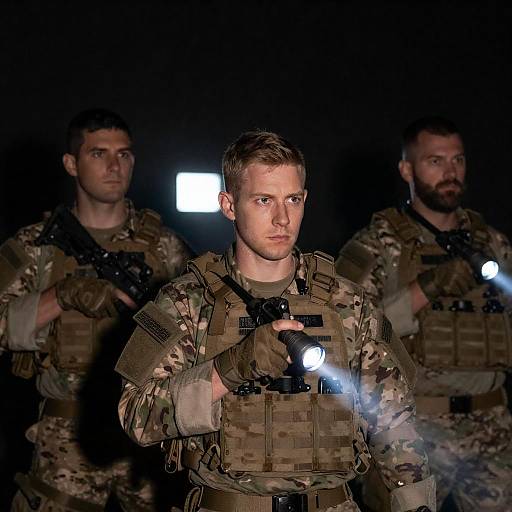Intense Soldiers in Dimly Lit Room