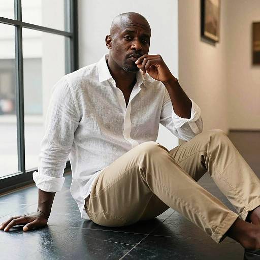 Photograph of a bald, dark-skinned man in a white, button-down shirt and beige pants, sitting on a dark floor by a window,