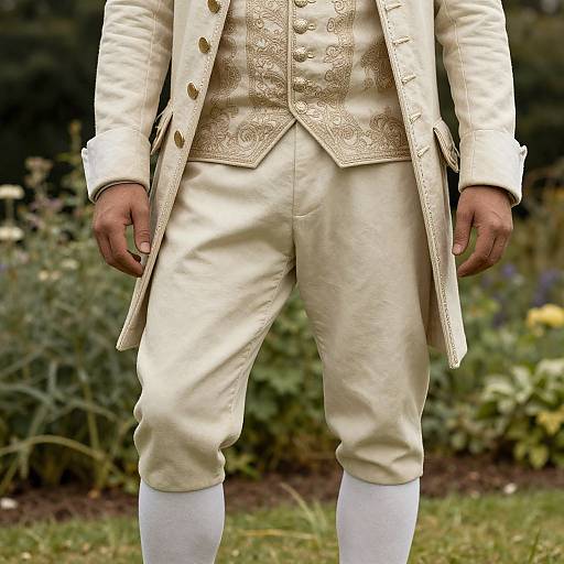 Photograph of a man's lower torso in cream-colored 18th-century style outfit with intricate embroidery, white knee-high socks, standing outdoors.